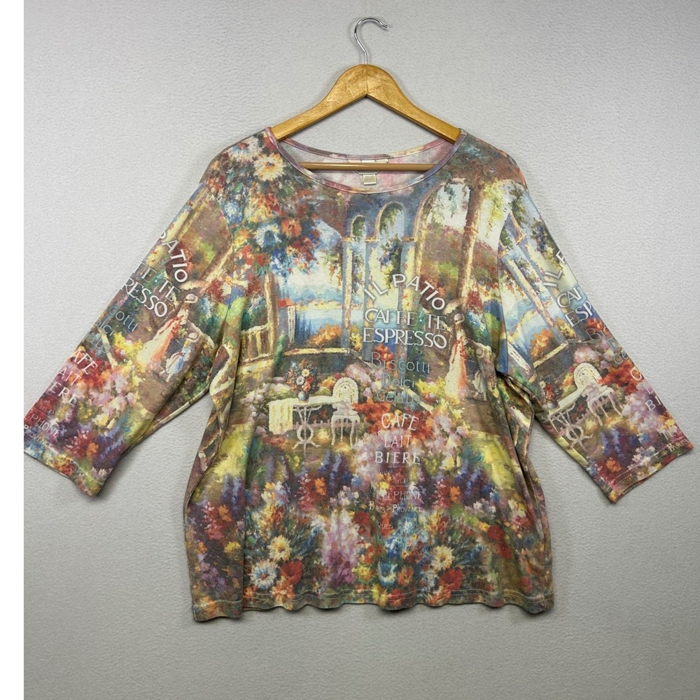 Art to Wear Parisian CJ Banks Womens 2X Multicolor Garden Cafe 3/4 Sleeve Top